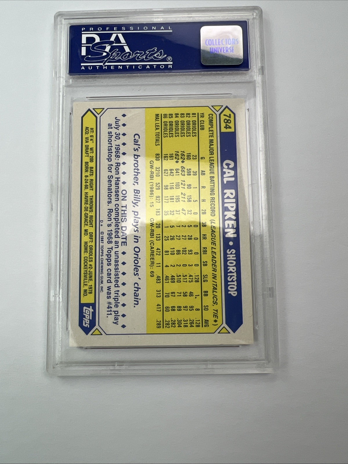1987 Topps Tiffany #784 Cal Ripken Jr PSA 9 Baltimore Orioles HOF view 2