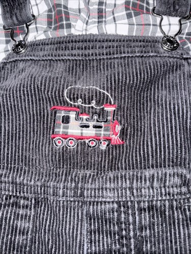 Salopette vintage nera in velluto a coste bavaglino 3T camicia a quadri 4T posto bambini treno 2003 - Foto 3 di 8