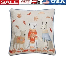 Dogs & Leaves Chenille Decorative Pillow Couch Bed Accent 18x18 Inches New White