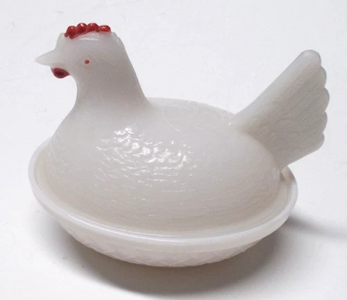 Vintage Milk Glass Hen on Nest Covered Dish, 4.25"