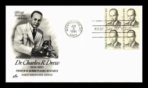 US COVER DR CHARLES R DREW GREAT AMERICANS FIRST DAY ISSUE BLOCK ARTCRAFT