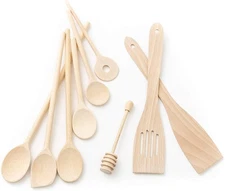 Kitchen - 9-Piece Wooden Cooking Utensils Set, Specially Designed Solid Beech...