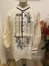 Barong Tagalog Men 2XL Organza W/ Fiber Embroidery Black Accent Double Lining.