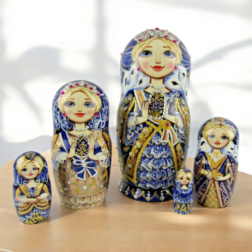 Nesting Dolls 7.8" 5 Piece, Blue Empress Jewel Fairytale Set Russian Matryoshka