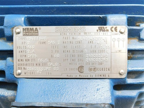 USED 2 HP Siemens 1LA01452EE41 Motor 460V 2.4A 3495 RPM 145T Frame 1.15 SF - Picture 4 of 5