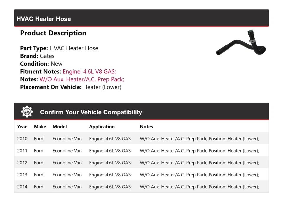 For 2010-2014 Ford Econoline Van HVAC Heater Hose Heater (Lower) Gates 2011 2012 - Image 2 of 3