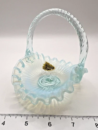 Fenton Aqua Blue Opalescent Embedded Rose Basket Ruffle Top Aqua Handle Vintage