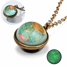 Double Sided Glass Glow in the Dark World Map Galaxy Planet Necklace Pendant Hot