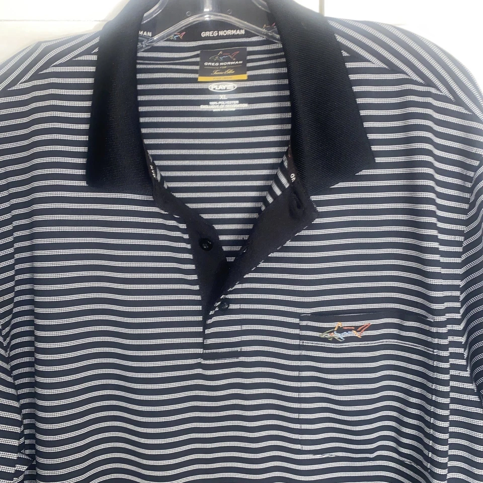 Polo Greg Norman a Rayas Para Hombres XL Negro Rayas Golf Rendimiento Poliéster Dri Fit Foto 2 de 4