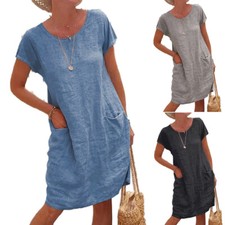 Women Summer Fashion Midi Dress Ladies Leisure Loose Pullover Pocket Dress  ❄