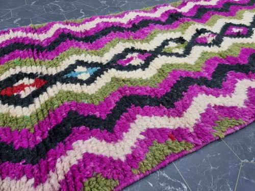 Moroccan Boujaad Handmade Rug 2'3"x13'4" Berber Geometric Purple Black Wool Rug - Picture 7 of 12