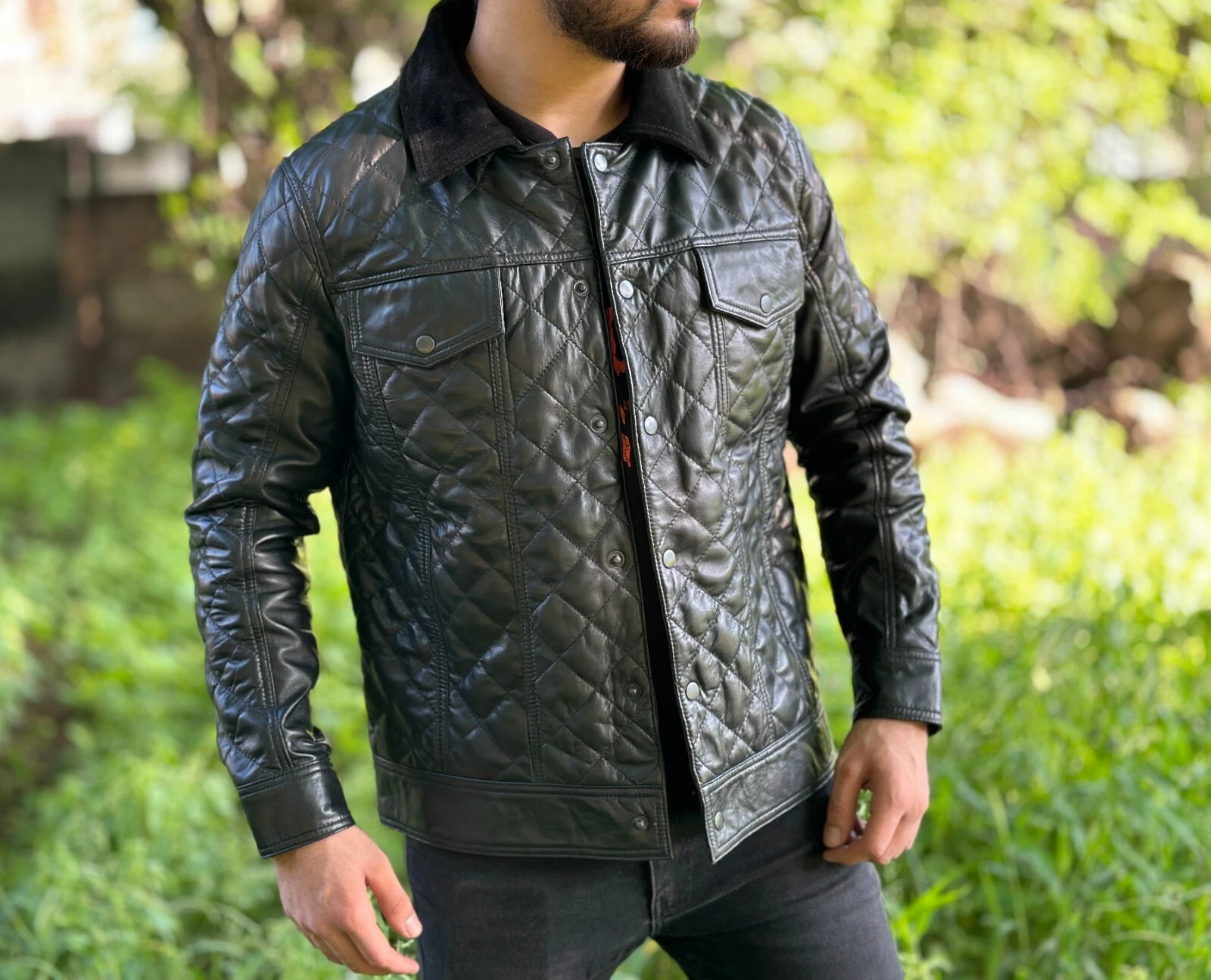 Mens Real Lambskin Quilted Leather Trucker Jacket, Black Leather Trucker Jacket image 6