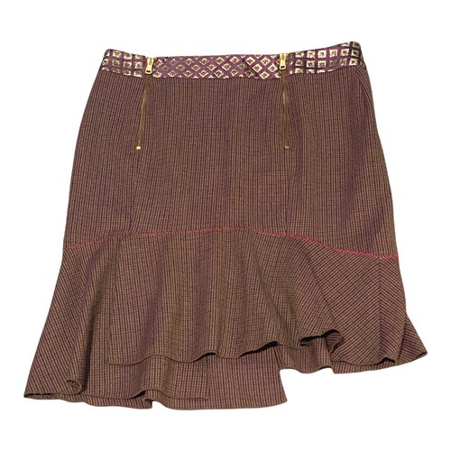 BLUMARINE Italy Plaid Brown Trumpet Ruffle Hem Wool Silk Skirt 44 US 8 - Picture 8 of 11