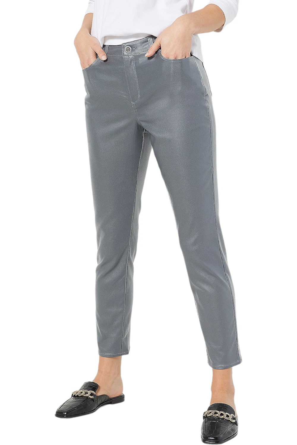 GRAVER Susan Graver Coated Stretch Woven Ankle Pants Dark Pewter