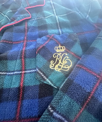 Ralph Lauren Fleece 2pc Pajama Set~Green Plaid Crest Logo Sleepwear~Women’s L - Picture 4 of 8