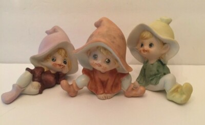 Vintage Homco Colorful Pixie Fairy Elves Porcelain Figurines 5213W Set Of 3 