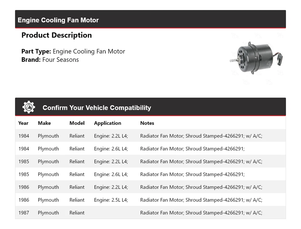 For 1984-1987 Plymouth Reliant Engine Cooling Fan Motor 4 Seasons 1985 1986 - Image 2 of 4