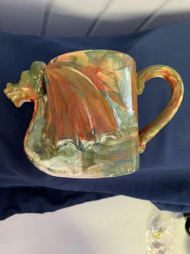 Art Pottery Mug 3D Green Dragon Handle Handmade Signed By Luke, Cup 2019