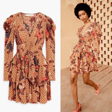 Ulla Johnson Oni Garden Rose Floral Silk Tiered Puff Long Sleeve Mini Dress Sz 0