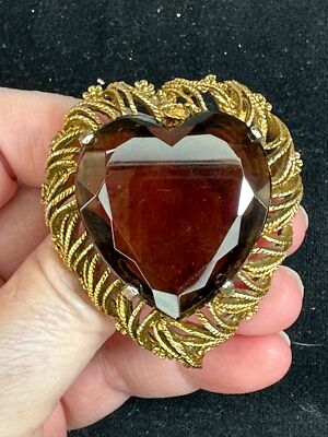 Heart Textured Brown Heart Rhinestone BSK Vintage Gold Brooch Pendant M-6116