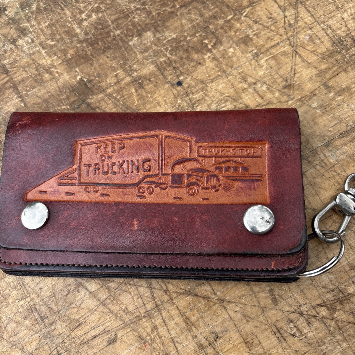 Vintage GENUINE USA LEATHER WALLET Trucker / Keep On Trucking with