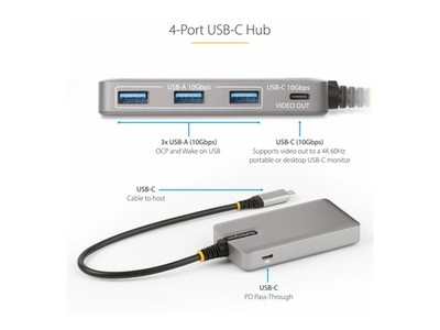StarTech.com 4-Port USB-C Hub with DP Alt Mode Video Output 4K 60Hz 3x USB-A 1x