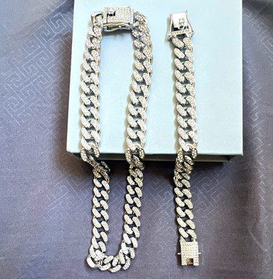 Silberfarbene Cuban-Link Halskette mit Armband Strass/Zirkonia und Boxverschluss