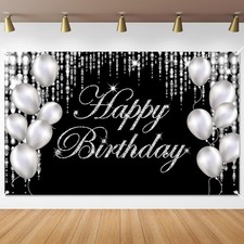 Silver Black Happy Birthday Backdrop Banner Photography Background Party Decor