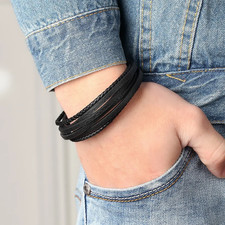 Stainless Steel Leather Bracelet Vintage Bangle Chain Jewelry for Men Women UK