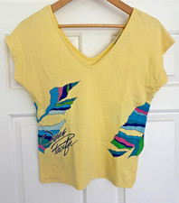 Vintage 1982 OP Ocean Pacific Yellow SS Double V-neck Tshirt Tropical Leaves S 