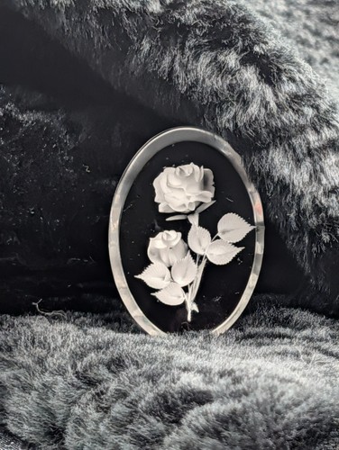 Vintage Clear Lucite Oval Brooch With White Rose Carving & Pin Back 2"x1"