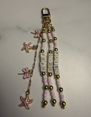 Beaded Charm Key Chain Detachable Pink White Gold Starfish Dragonfly Faith