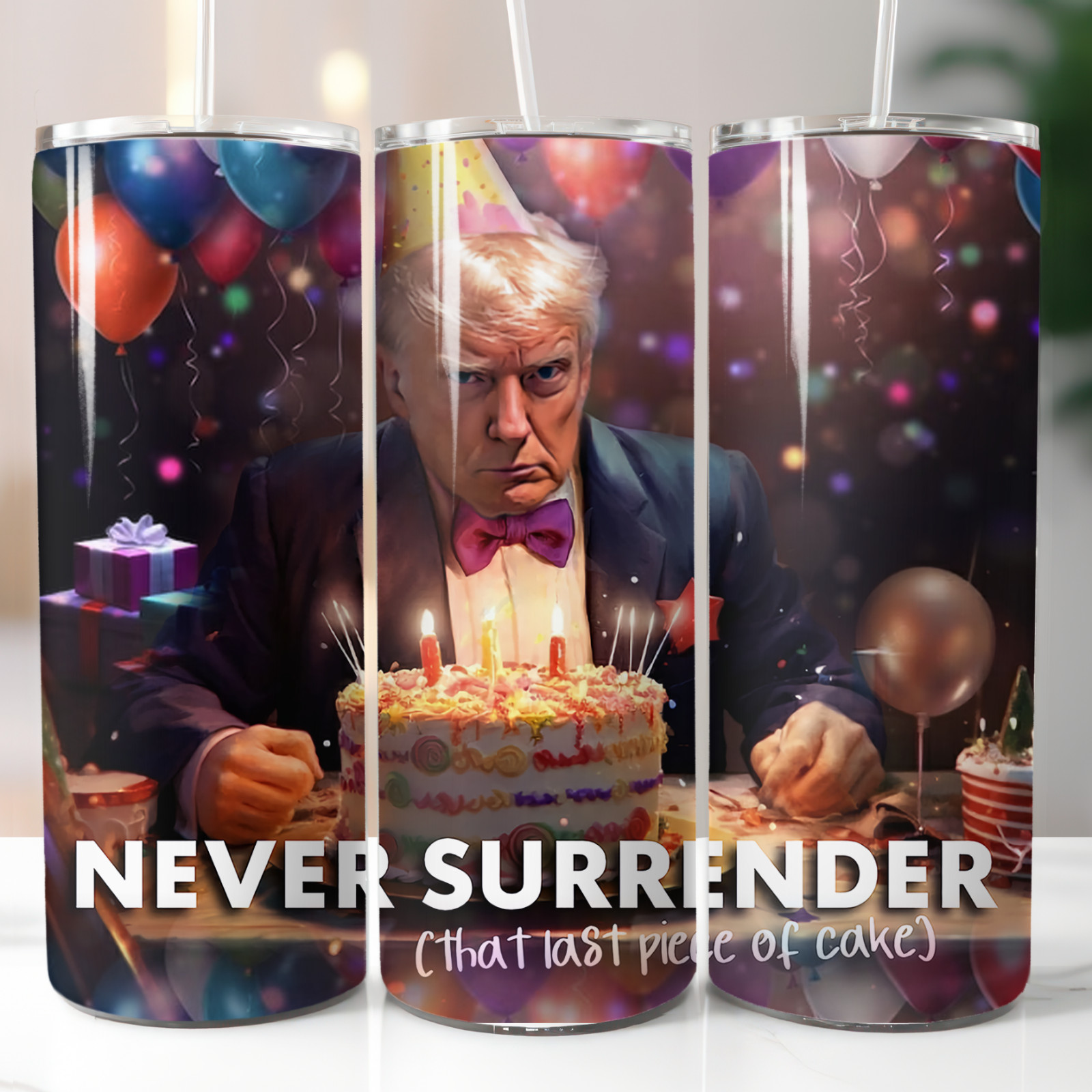 Lustiger Trump Never Surrender Kuchen Thermo Reisebecher Becher Neu, Verpackt, Strohhalm