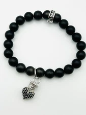 King Baby Studio Onyx Bead Black CZ Pave Crown Heart Silver .925 Bracelet 6.5-7"