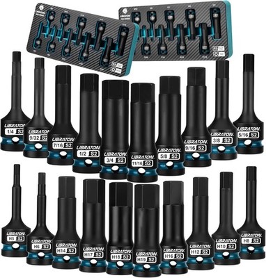 LIBRATON Impact Hex Bit Socket Set, 1/2'' Dr, S2 Steel, Metric & SAE 20PCS (H5-