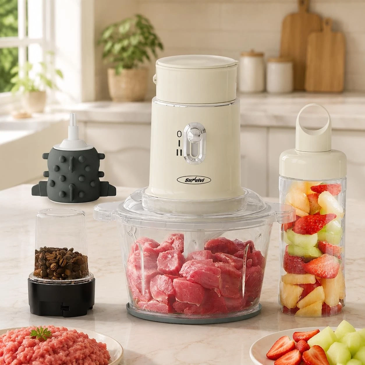 4-in-1 Food Chopper & Small Food Processor, Meat Grinder, Garlic Peeler & Jui...