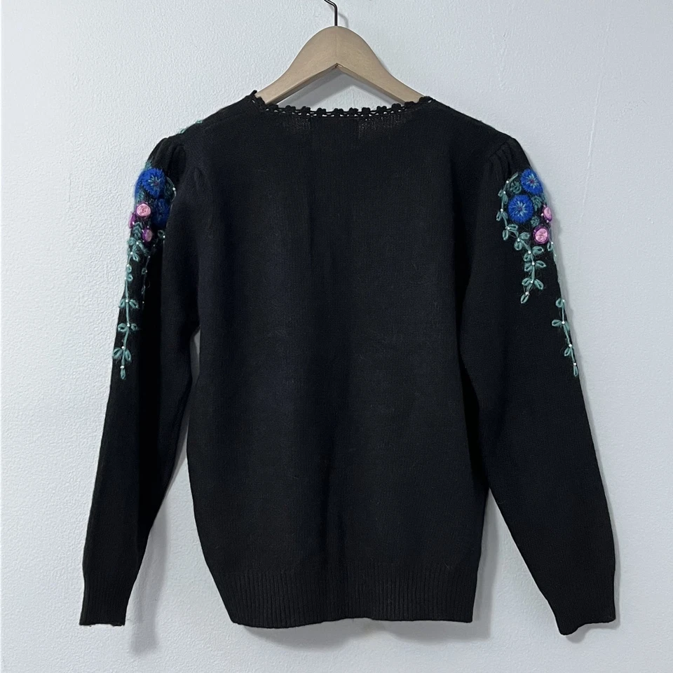 Vintage Susan Bristol Sweater Womens 36 Black Floral Hand Embroidered Angora 80s - Image 4 of 4