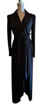 Vintage Long Black Nylon Boudoir Dressing Gown Robe Union Made Attached Belt