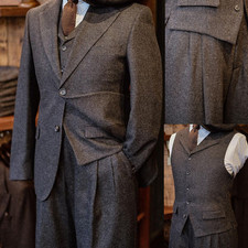 Vintage Men Suits Wool blend Notch Lapel Single Breasted Office Formal Business