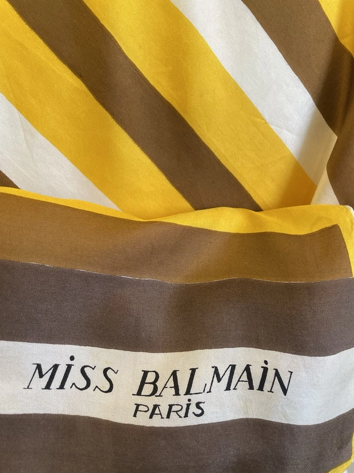 H75# Miss Balmain Paris 100% Seda Bufanda Rayas Marrón Amarillo Diseñador Vintage Foto 4 de 4