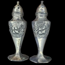 Antique Salt & Pepper Shakers Silver Plated Ship Art Deco Ornate Nautical