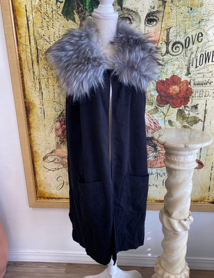 Dennis Basso Black 1X Sweater Knit Vest with Removable Faux Fur