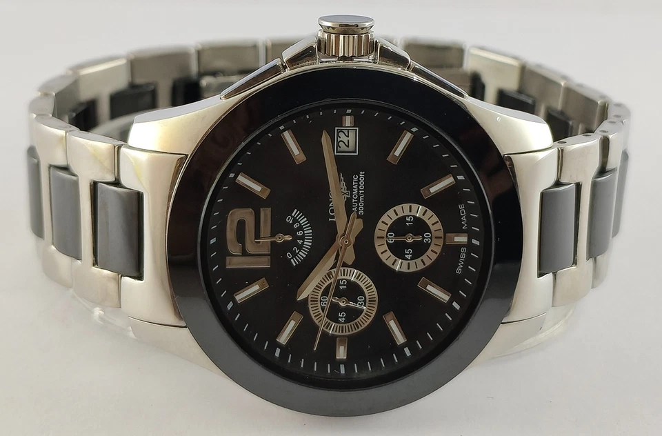 Reloj pulsera Longines de lujo de cuarzo con esfera negra con "fecha" para hombre "Mantén el buen tiempo" Foto 4 de 4