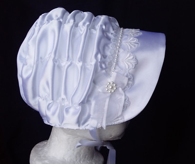 Reborn/ Baby Girl White Pearls Satin Christening/Baptism Bonnet