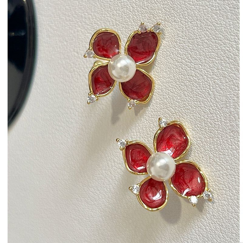 Red Enamel Flower Gold-Plated Stud Earrings Big White Pearl Buy 1 Get 2 Free - Picture 6 of 6