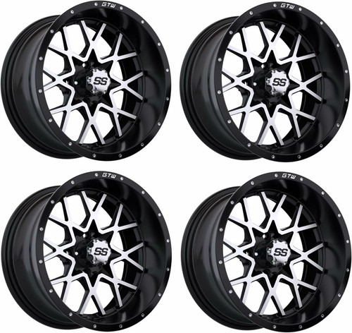 Set of 4 GTW Vortex 14x7 Black/Machined Aluminum Golf Cart Wheel | 3:4 Offset