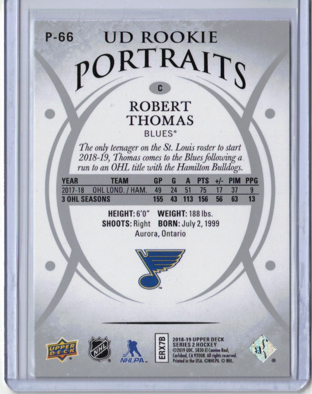 ROBERT THOMAS 18/19 Upper Deck UD Rookie Portraits #P-66 St Louis Blues *MINT*
