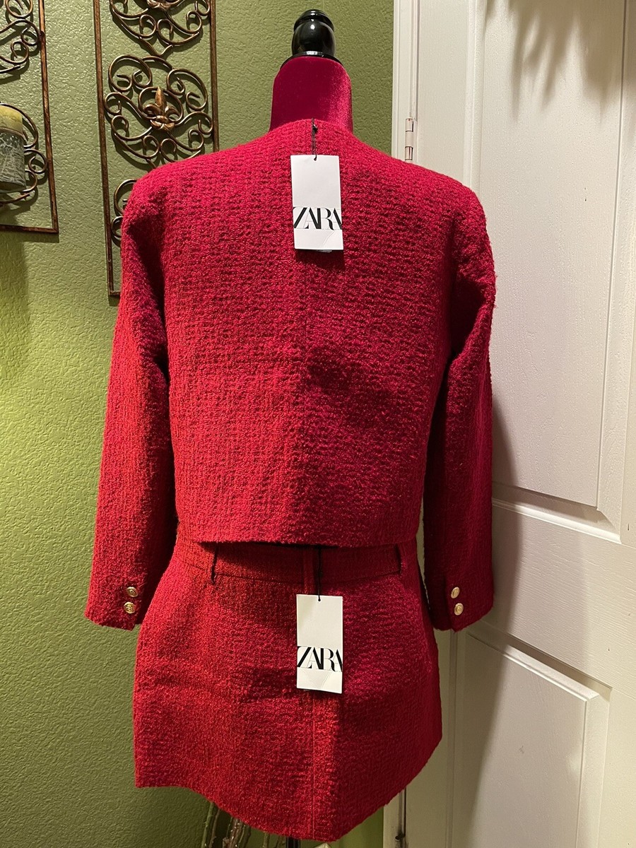 100% Authentic ZARA Rose Red Textured Jacket and Skirt Set Size