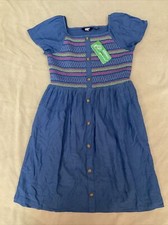 Lands End Smocked Dress Girls 14 Blue Colorful Lending Ecovero Nwt Pockets