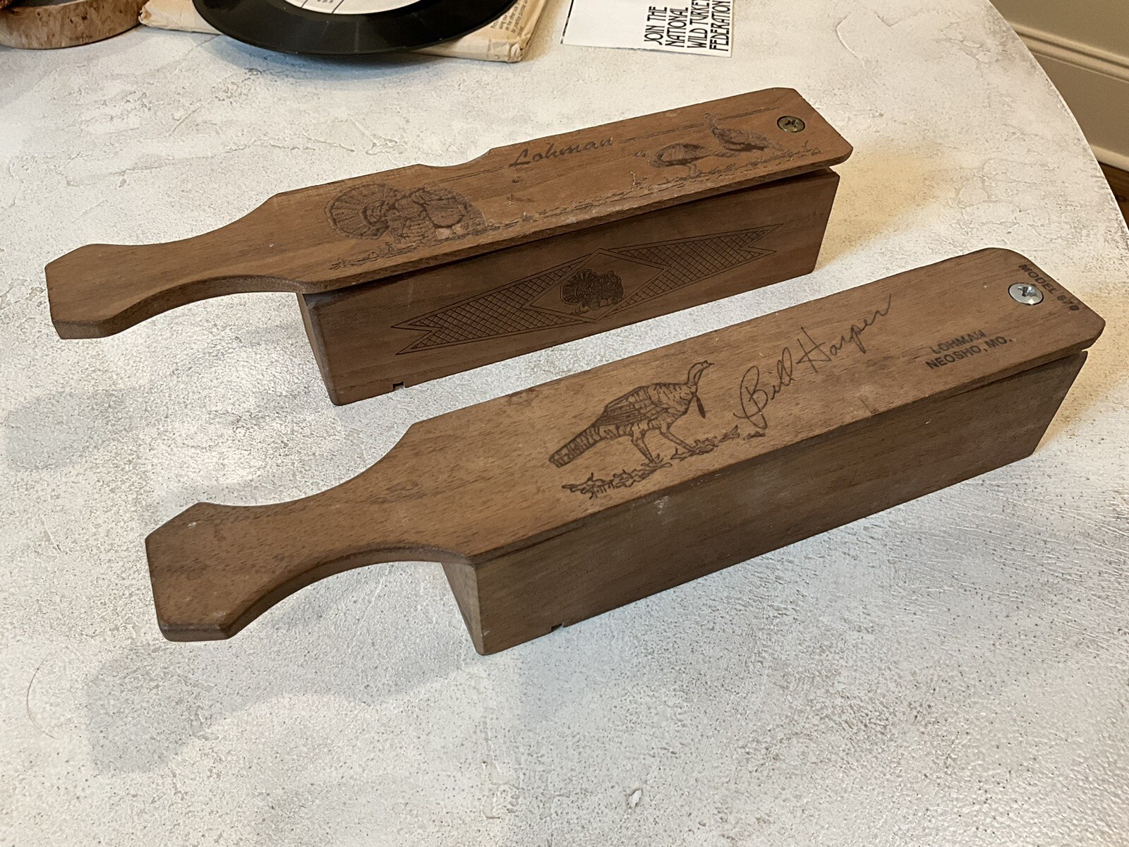 Pair Of Vintage Lohman Box Turkey Calls With Cool Calling Guide From